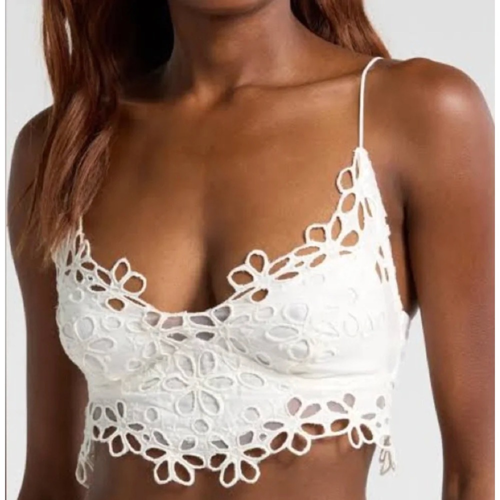 Free People Intimately Floral Eyelet Smocked Bralette Optic White Large NWT